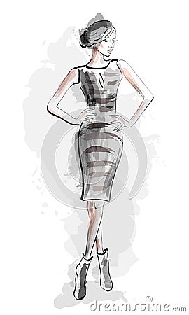 Sketch girl in fashion dress. Vector illustration. Vector Illustration