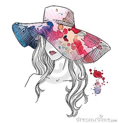 Sketch of a girl in a hat. Fashion illustration. Hand drawn Vector Illustration