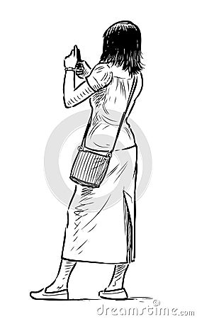 Sketch of a girl photographing on her smartphone Vector Illustration