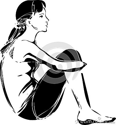Sketch of a girl sitting hugging her knees Vector Illustration