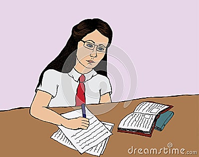 Sketch of Girl Studying Vector Illustration