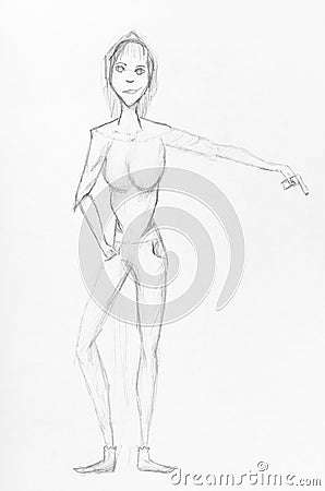 Sketch of girl throwing out small gun by pencil Stock Photo