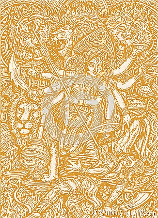 Sketch of Goddess Durga Maa or Kali Mata Editable Vector Outline Illustration Vector Illustration