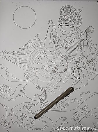 The Sketch and Drawing of Goddess Sarasvati Stock Photo