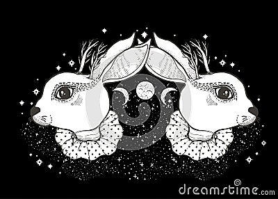 Sketch graphic illustration Circus Rabbit with mystic and occult hand drawn symbols. Vector illustration. Astrological and esoteri Cartoon Illustration