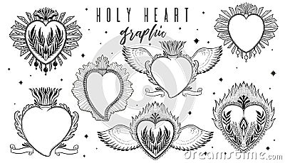 Sketch graphic illustration set Holy heart with mystic and occult hand drawn symbols. Vintage Hands with Old Fashion Tattoos. Cartoon Illustration