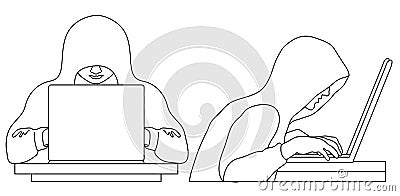 Sketch of hacker in hood sitting with laptop. Internet Hacking. Vector Illustration