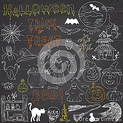 Sketch of halloween design elements with punpkin, witch, black cat, ghost, skull, bats, spiders with web. Doodles set with Vector Illustration