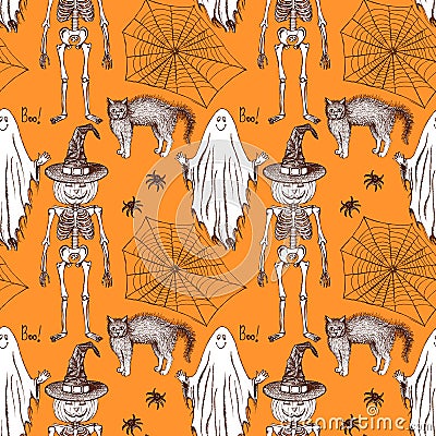 Sketch Halloween seamless pattern Vector Illustration