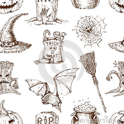 Sketch Halloween Seamless Pattern Vector Illustration