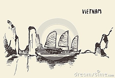 Sketch Halong Bay Vietnam Vector illustration. Vector Illustration