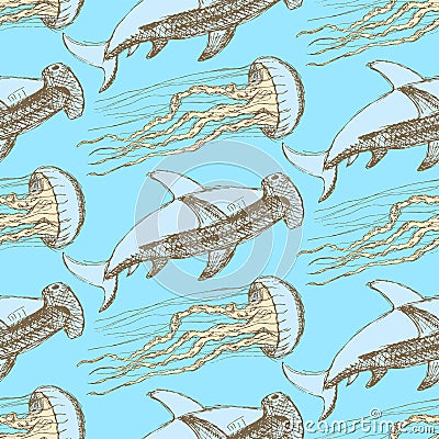 Sketch hammerhead shark and jellyfish in vintage style Vector Illustration