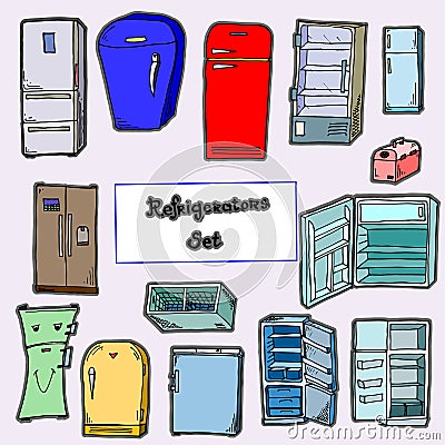 Refrigerators colored hand drawn doodle Vector Illustration