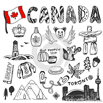 Sketch hand drawn collection of Canada symbols. Canadian culture set elements for design. Vector travel illustration Vector Illustration