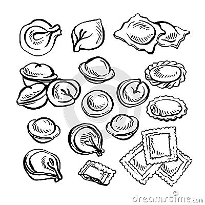 Sketch hand drawn Pelmeni. Meat dumplings. Food. Cooking. Vector Illustration