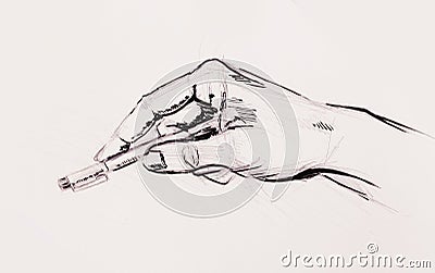 Sketch of hand holding pen, on white paper background. Stock Photo