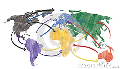 Sketch or handdrawn concept for globalization, global networking, travel or global connection or transportation with Stock Photo