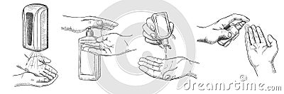 Sketch hands sanitizers. Person clean hand with alcohol gel, wall sanitizer, spray and antiseptic in bottle. Prevention Vector Illustration