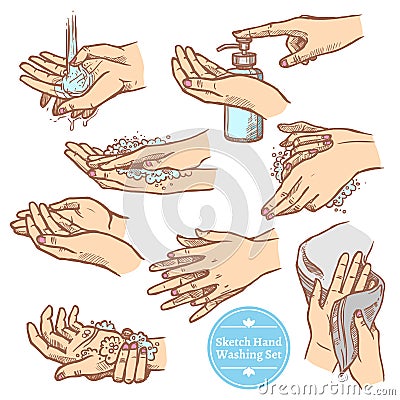 Sketch Hands Washing Hygiene Set Vector Illustration