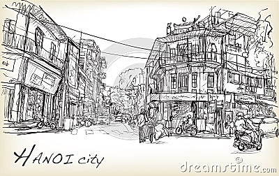 Sketch of Hanoi town street market and old building , free hand Vector Illustration