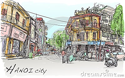 Sketch of Hanoi town street market and old building, show people Vector Illustration