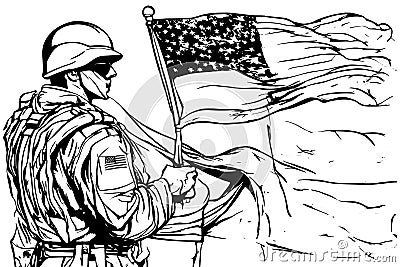 Sketch Happy Memorial Day. Remember And Honor. Silhouette Of Soldier holding Vector Illustration