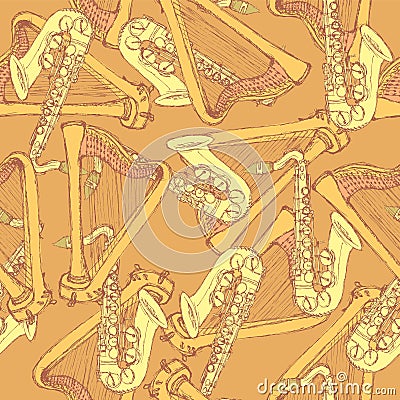 Sketch harp and saxophone in vintage style Vector Illustration