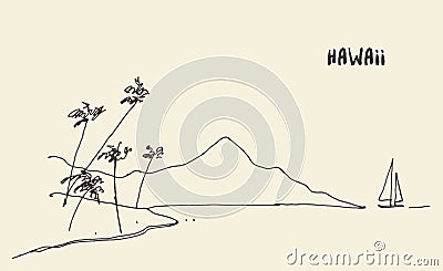 Sketch Hawaiian seaside view vector hand drawn. Vector Illustration