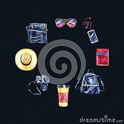 Sketch of hipster travel set: photo camera, jeans, glasses, snickers, hat, backpack. Vintage style. Hand drawing Stock Photo