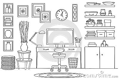 Sketch of home office room interior, Black and white Vector Illustration