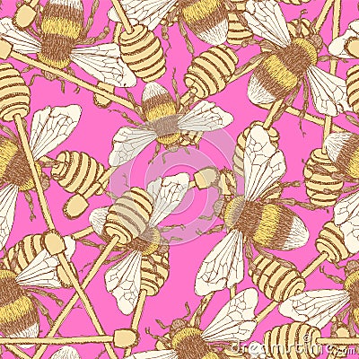 Sketch honey stick and bee in vintage style Vector Illustration