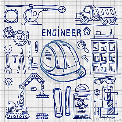Sketch Icons Engineer drawing style. Vector Illustration