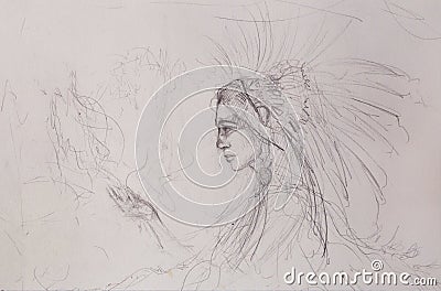 Sketch of indian woman. pencil drawing on old paper. Stock Photo