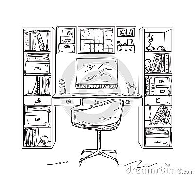 Sketch interior comfortable workplace. Vector Illustration