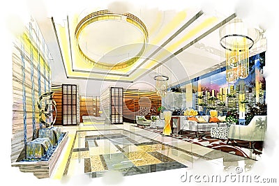 Sketch interior lobby into a watercolor. Stock Photo