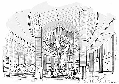 Sketch interior perspective lobby hall, black and white interior design. Stock Photo