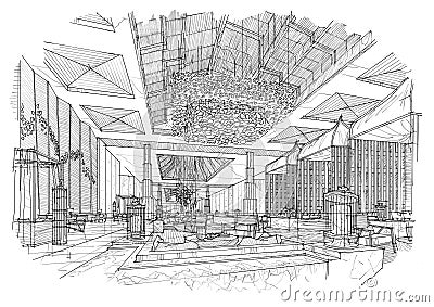 Sketch interior perspective lobby hall, black and white interior design. Stock Photo
