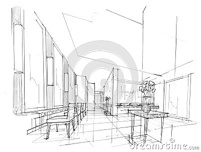 Sketch interior perspective toilet & bathroom black and white interior design. Stock Photo