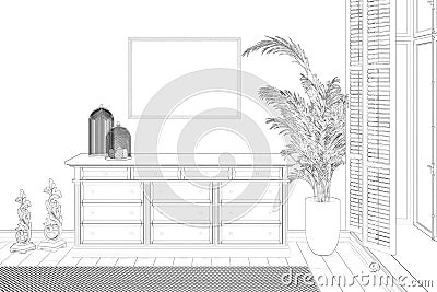 Sketch of an interior room with a horizontal poster above the pedestal next to a large plant, windows with shutters. Front view. Stock Photo