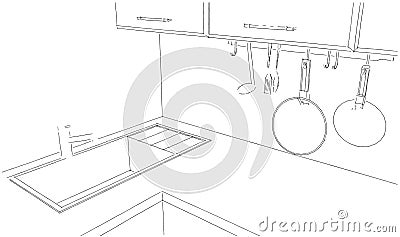 Sketch of kitchen corner with sink and kitchenware. Cartoon Illustration