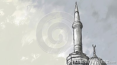 The sketch of a large mosque tower designed for a Ramadan greeting card Cartoon Illustration