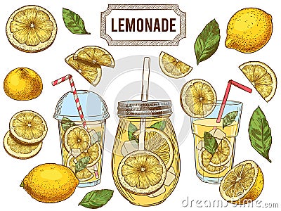 Sketch lemonade. Summer cold drinks, hand drawn yellow lemons slices and leaves. Glass of lemonade with ice vector Vector Illustration