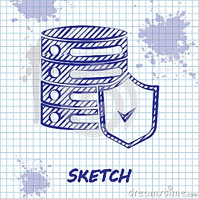Sketch line Server with shield icon isolated on white background. Protection against attacks. Network firewall, router Vector Illustration