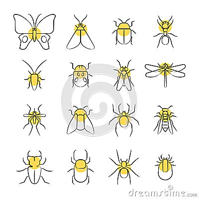 Sketch linear insect icons with yellow details Vector Illustration