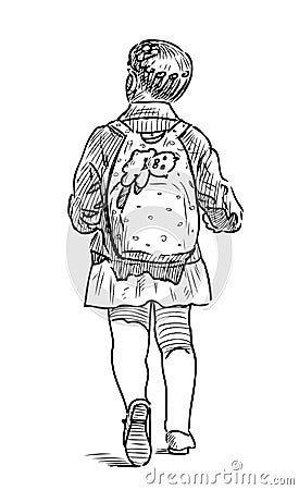 Sketch of a little girl going to school Vector Illustration