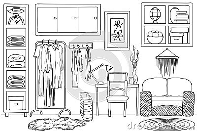 Sketch of living wardrobe room interior, Black and white Vector Illustration