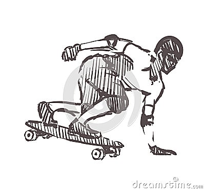 Sketch of Longboarder, sport and active lifestyle. Longboarder hand drawn isolated on white background Cartoon Illustration