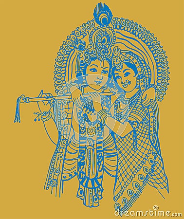 Sketch of Lord Krishna and Goddess Radha Outline Editable Illustration Vector Illustration