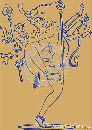 Sketch of Lord Shiva or Rudra Dancing with holding multiple weapons in a hand editable outline illustration Vector Illustration