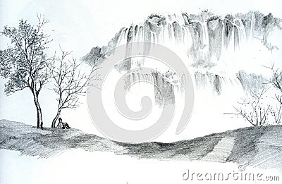 Sketch of Man and Waterfalls Stock Photo